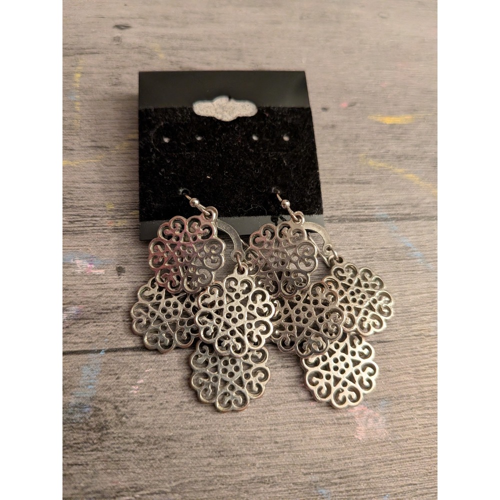 Silver Tone Floral Filigree Tiered Dangle Earrings Bohemian Lace Drop Jewelry